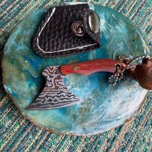 Handcrafted Damascus Steel Mini Axe Pendant / keychain - wooden Handle